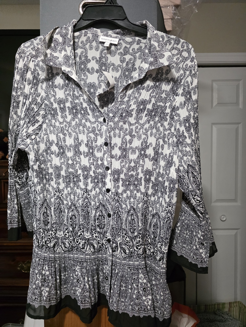 Fashion Bug Black and White Printed Long-Sleeve Button Dress